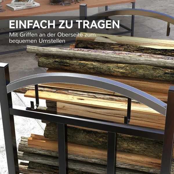 Haardhoutrek voor binnen 46 x 32 x 126 cm 3 niveaus brandhoutrek met 4 haken metaal zwart 8
