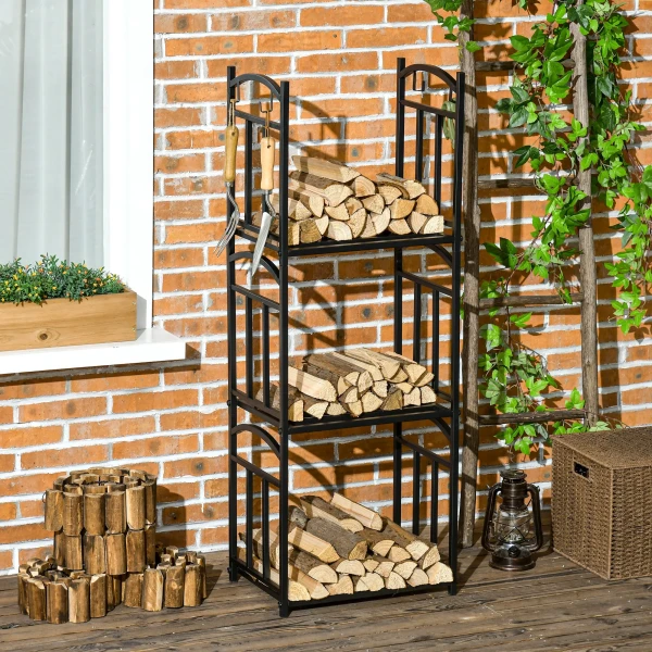Haardhoutrek voor binnen 46 x 32 x 126 cm 3 niveaus brandhoutrek met 4 haken metaal zwart 9