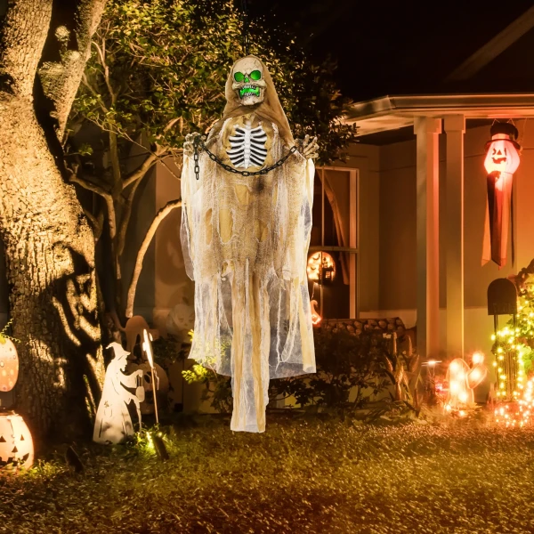 Halloween decoratie, hangend skelet, gloeiend hoofd, griezelig gehuil, buigzame armen, khaki 2