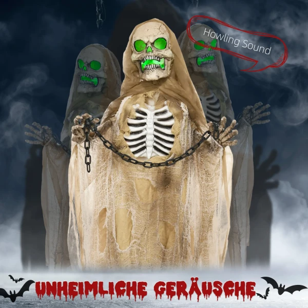 Halloween decoratie, hangend skelet, gloeiend hoofd, griezelig gehuil, buigzame armen, khaki 5