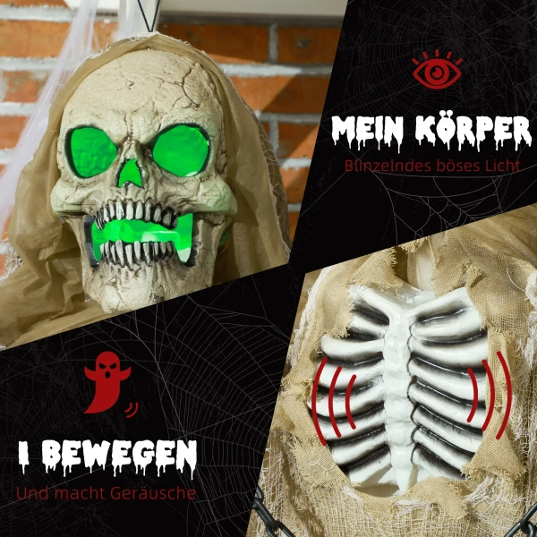 Halloween decoratie, hangend skelet, gloeiend hoofd, griezelig gehuil, buigzame armen, khaki 6