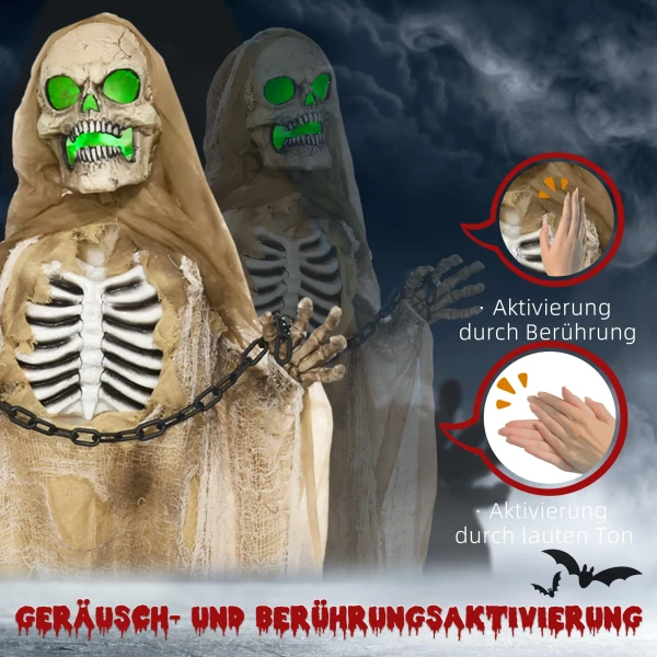 Halloween decoratie, hangend skelet, gloeiend hoofd, griezelig gehuil, buigzame armen, khaki 7