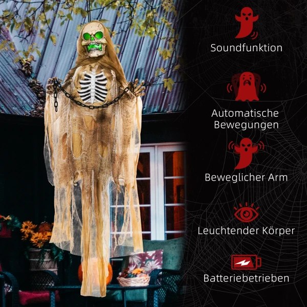 Halloween decoratie, hangend skelet, gloeiend hoofd, griezelig gehuil, buigzame armen, khaki 8