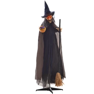 Halloween decoratie heks met bezem, gloeiende ogen, griezelige geluiden, buigzame armen, 107x65x190 cm 1