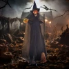 Halloween decoratie heks met bezem, gloeiende ogen, griezelige geluiden, buigzame armen, 107x65x190 cm 2