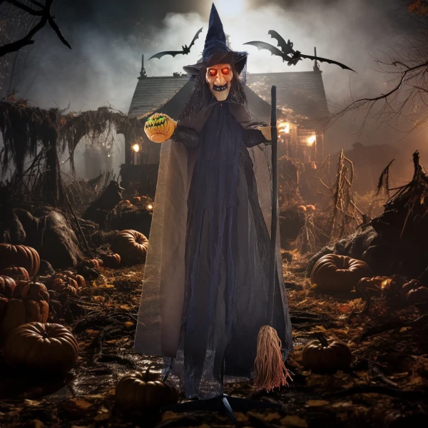Halloween decoratie heks met bezem, gloeiende ogen, griezelige geluiden, buigzame armen, 107x65x190 cm 2