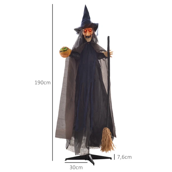 Halloween decoratie heks met bezem, gloeiende ogen, griezelige geluiden, buigzame armen, 107x65x190 cm 4