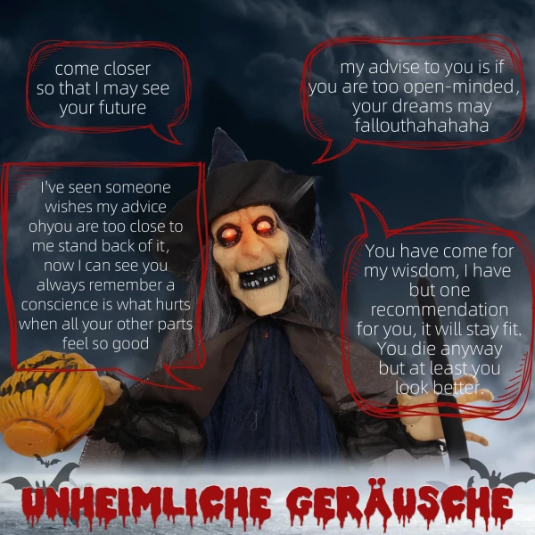 Halloween decoratie heks met bezem, gloeiende ogen, griezelige geluiden, buigzame armen, 107x65x190 cm 5