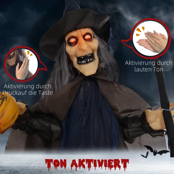 Halloween decoratie heks met bezem, gloeiende ogen, griezelige geluiden, buigzame armen, 107x65x190 cm 7