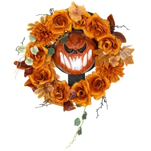 Halloween krans, griezelige pompoen ontwerp, herfstbladeren, lichteffecten, kunststof 1