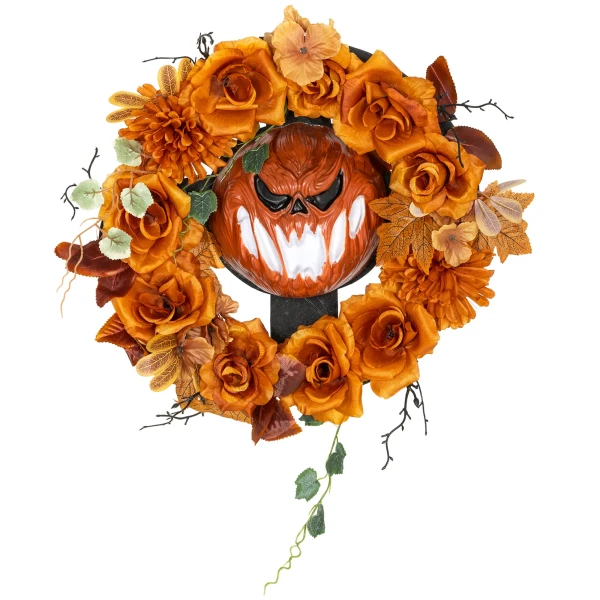 Halloween krans, griezelige pompoen ontwerp, herfstbladeren, lichteffecten, kunststof 1