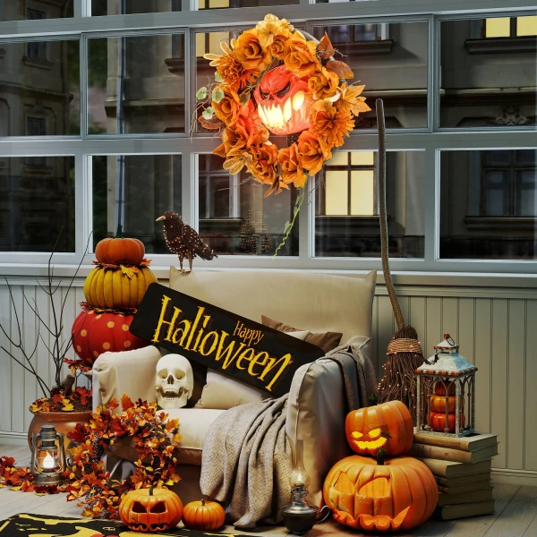 Halloween krans, griezelige pompoen ontwerp, herfstbladeren, lichteffecten, kunststof 10