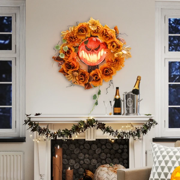 Halloween krans, griezelige pompoen ontwerp, herfstbladeren, lichteffecten, kunststof 2