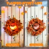 Halloween krans, griezelige pompoen ontwerp, herfstbladeren, lichteffecten, kunststof 5