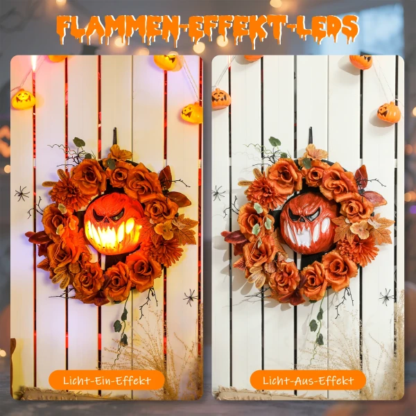 Halloween krans, griezelige pompoen ontwerp, herfstbladeren, lichteffecten, kunststof 5