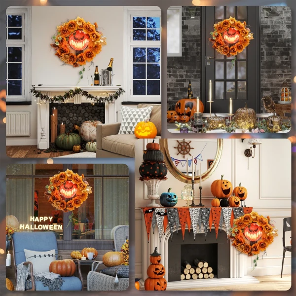 Halloween krans, griezelige pompoen ontwerp, herfstbladeren, lichteffecten, kunststof 6