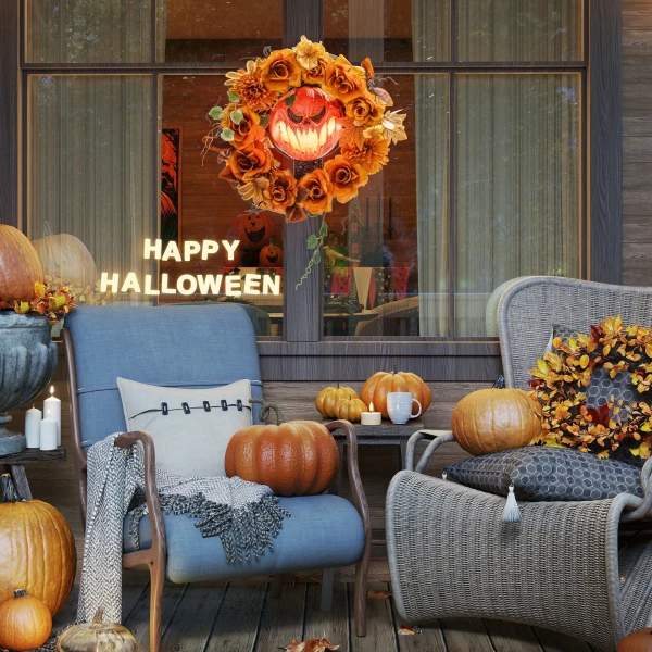 Halloween krans, griezelige pompoen ontwerp, herfstbladeren, lichteffecten, kunststof 8