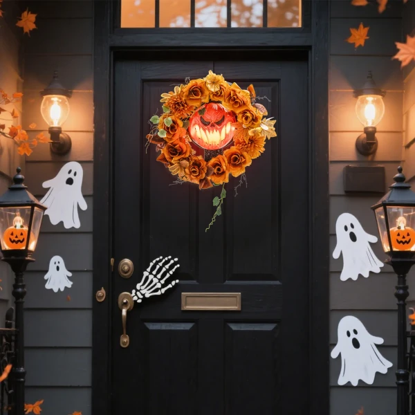 Halloween krans, griezelige pompoen ontwerp, herfstbladeren, lichteffecten, kunststof 9