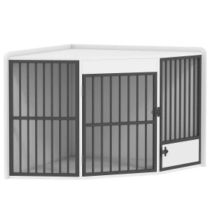 Hondenbox, verblijfsbox voor kleine en middelgrote honden, huisdierbox, voederdeur, mdf, metaal, wit 1