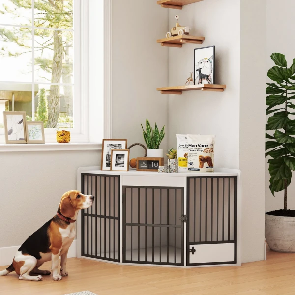 Hondenbox, verblijfsbox voor kleine en middelgrote honden, huisdierbox, voederdeur, mdf, metaal, wit 10