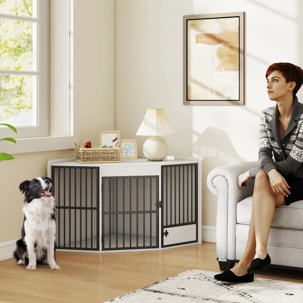 Hondenbox, verblijfsbox voor kleine en middelgrote honden, huisdierbox, voederdeur, mdf, metaal, wit 2