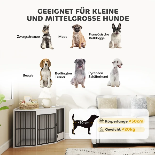 Hondenbox, verblijfsbox voor kleine en middelgrote honden, huisdierbox, voederdeur, mdf, metaal, wit 9