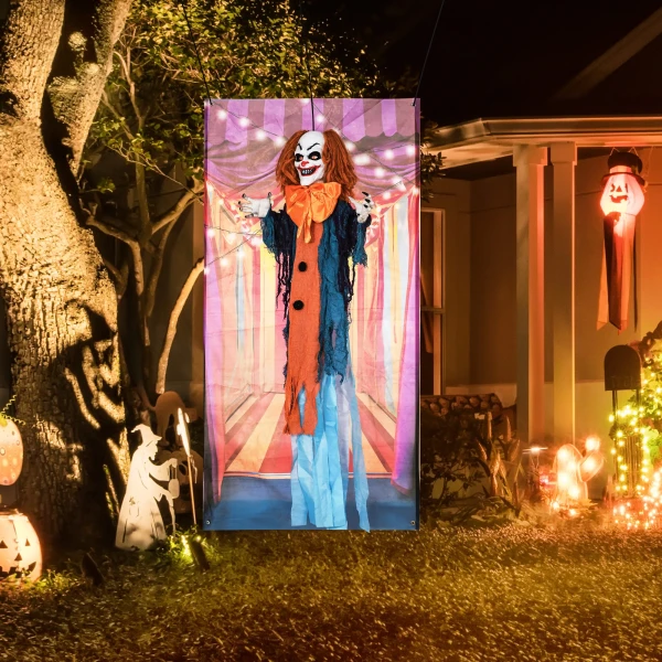 Horrorclown, helloweendecoratie, geactiveerd met geluid/aanraking, rode ogen, geluid, 168 cm 2