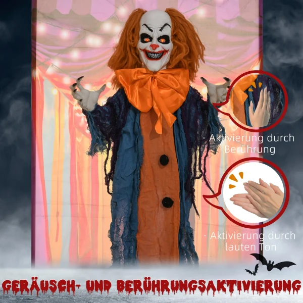 Horrorclown, helloweendecoratie, geactiveerd met geluid/aanraking, rode ogen, geluid, 168 cm 7