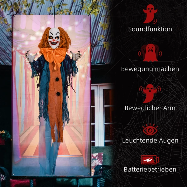 Horrorclown, helloweendecoratie, geactiveerd met geluid/aanraking, rode ogen, geluid, 168 cm 8