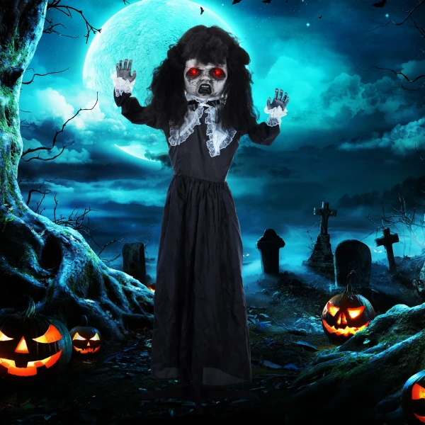 Horrorpop, halloween decoratie, griezelige stem & muziek, rode ogen, beweegbaar, 160 cm 2