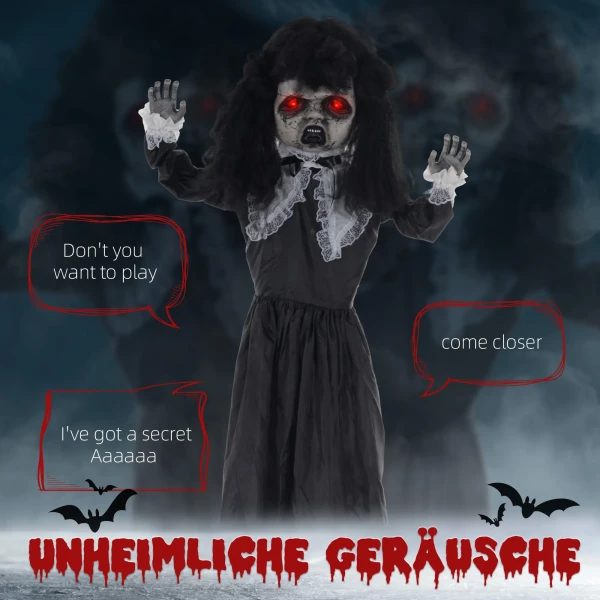 Horrorpop, halloween decoratie, griezelige stem & muziek, rode ogen, beweegbaar, 160 cm 5