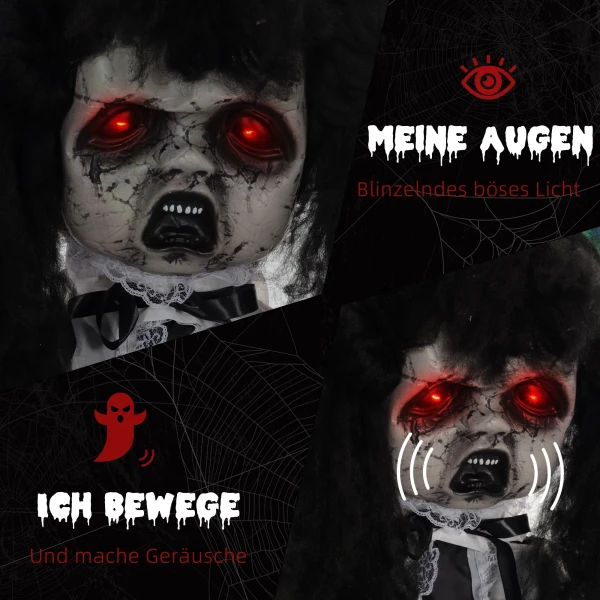 Horrorpop, halloween decoratie, griezelige stem & muziek, rode ogen, beweegbaar, 160 cm 6