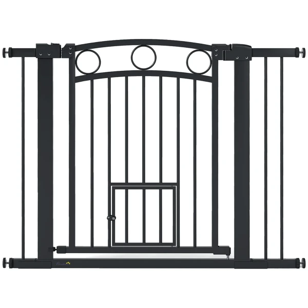 Huisdiertoegangspoort, 77 cm traphek, verstelbare breedte 76 104 cm, met kattendeur, voor trappen en deuropeningen, zwart 1