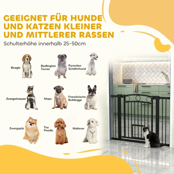 Huisdiertoegangspoort, 77 cm traphek, verstelbare breedte 76 104 cm, met kattendeur, voor trappen en deuropeningen, zwart 10