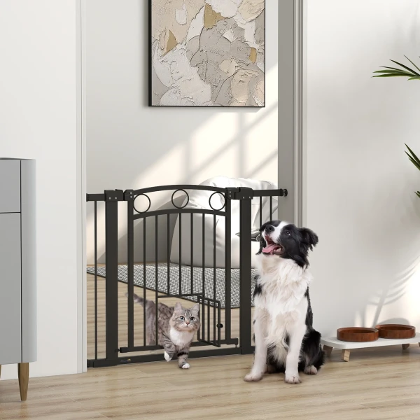 Huisdiertoegangspoort, 77 cm traphek, verstelbare breedte 76 104 cm, met kattendeur, voor trappen en deuropeningen, zwart 2