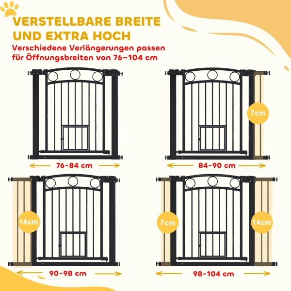 Huisdiertoegangspoort, 77 cm traphek, verstelbare breedte 76 104 cm, met kattendeur, voor trappen en deuropeningen, zwart 5