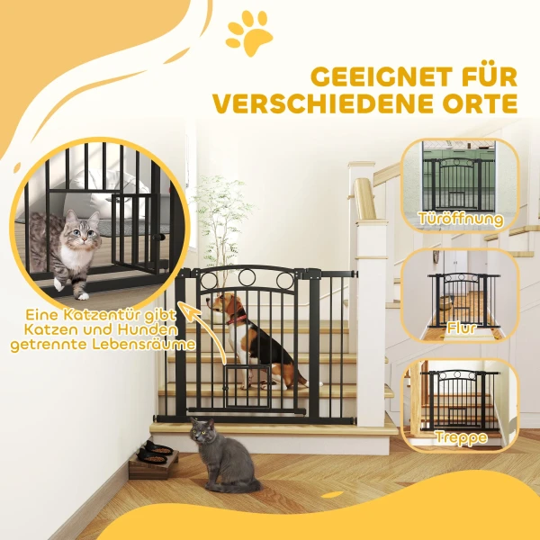 Huisdiertoegangspoort, 77 cm traphek, verstelbare breedte 76 104 cm, met kattendeur, voor trappen en deuropeningen, zwart 9