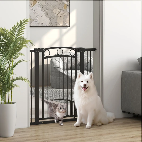 Huisdiertoegangspoort, 96 cm traphekje, verstelbare breedte 76 104 cm, met kattendeur, voor trappen en deuropeningen, zwart 2