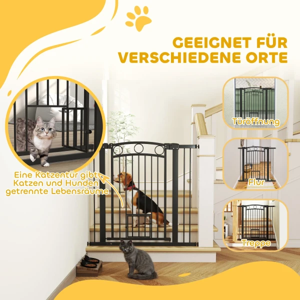 Huisdiertoegangspoort, 96 cm traphekje, verstelbare breedte 76 104 cm, met kattendeur, voor trappen en deuropeningen, zwart 9