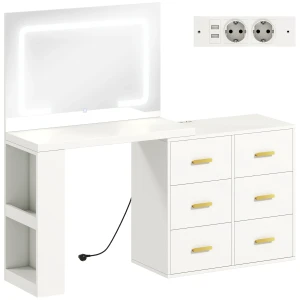 Kaptafel met verstelbare led spiegel, stopcontacten, 6 laden, 2 open rekken, wit 1