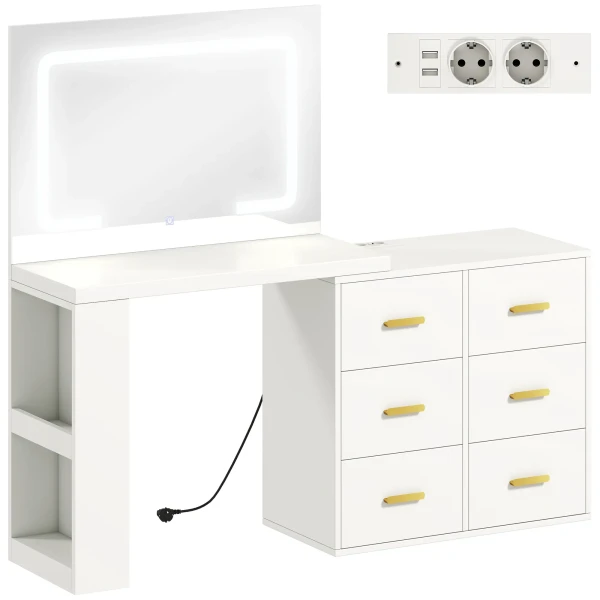 Kaptafel met verstelbare led spiegel, stopcontacten, 6 laden, 2 open rekken, wit 1