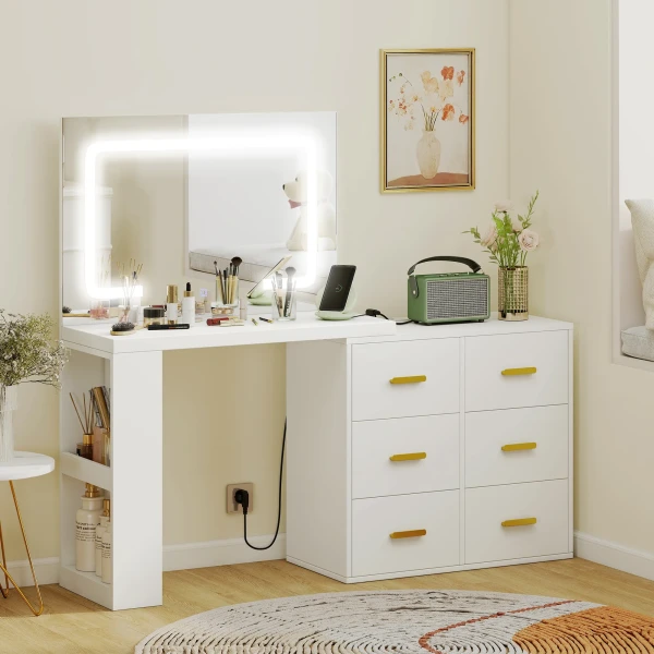 Kaptafel met verstelbare led spiegel, stopcontacten, 6 laden, 2 open rekken, wit 2