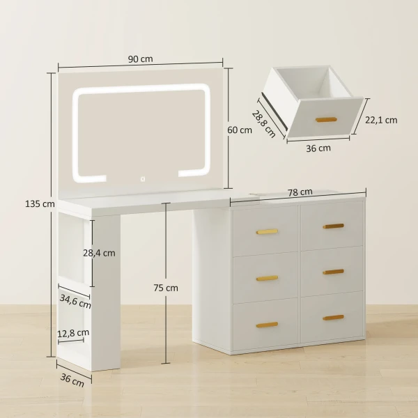 Kaptafel met verstelbare led spiegel, stopcontacten, 6 laden, 2 open rekken, wit 4
