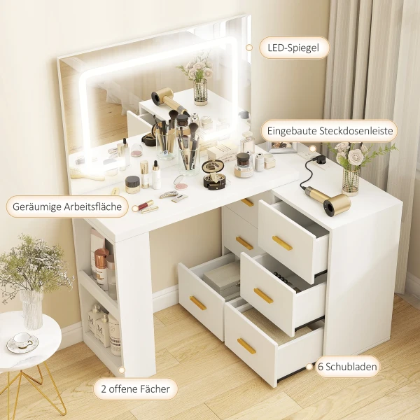 Kaptafel met verstelbare led spiegel, stopcontacten, 6 laden, 2 open rekken, wit 5