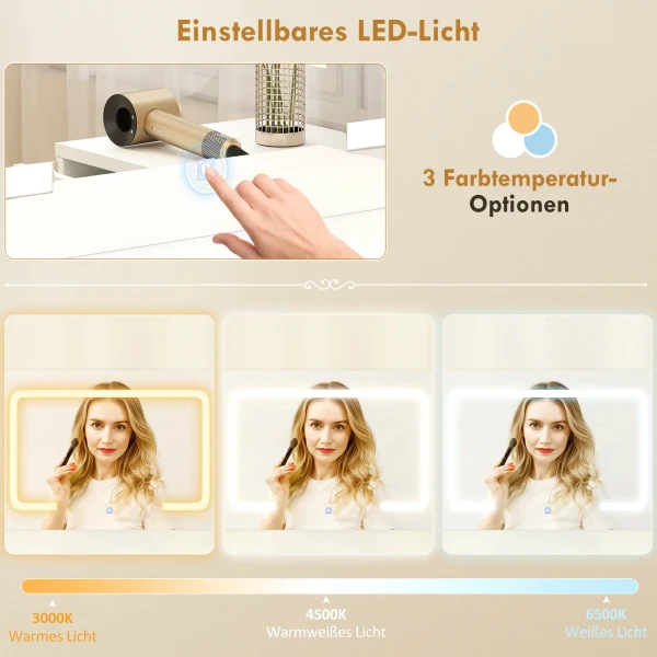 Kaptafel met verstelbare led spiegel, stopcontacten, 6 laden, 2 open rekken, wit 6