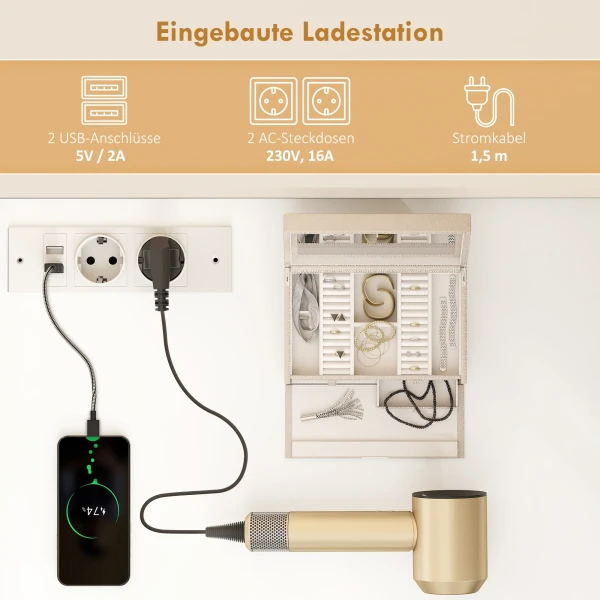 Kaptafel met verstelbare led spiegel, stopcontacten, 6 laden, 2 open rekken, wit 7