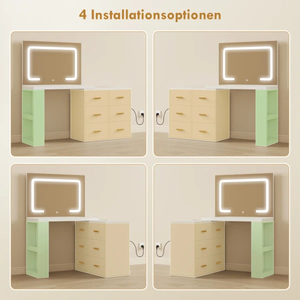 Kaptafel met verstelbare led spiegel, stopcontacten, 6 laden, 2 open rekken, wit 8