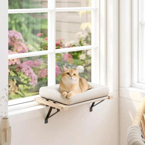 Kattenhuis met beugel voor vensterbanken en verwarming, kussen, houten frame, wit 2