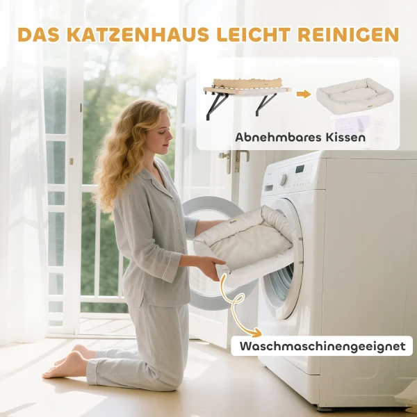 Kattenhuis met beugel voor vensterbanken en verwarming, kussen, houten frame, wit 7