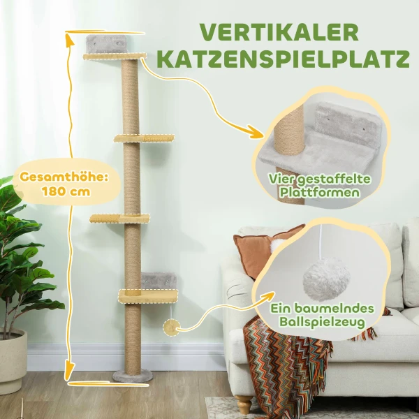 Kattenkrabpaal, 5 traps ontwerp, speelgoed, sisalpalen, pluche stof, lichtgrijs 5